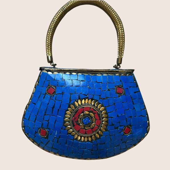 💙 VTG HIMALAYAN TIBETAN HANDMADE MOSAIC CLUTCH DETACHABLE SHOULDER CHAIN BLUE - Picture 4 of 11